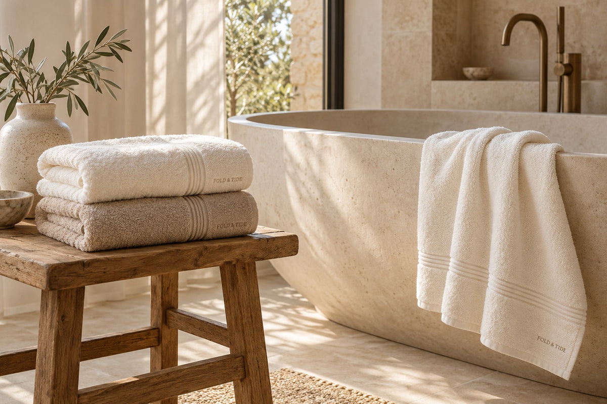 Fold & Tide towels beside a stone bathtub — collection mood concept