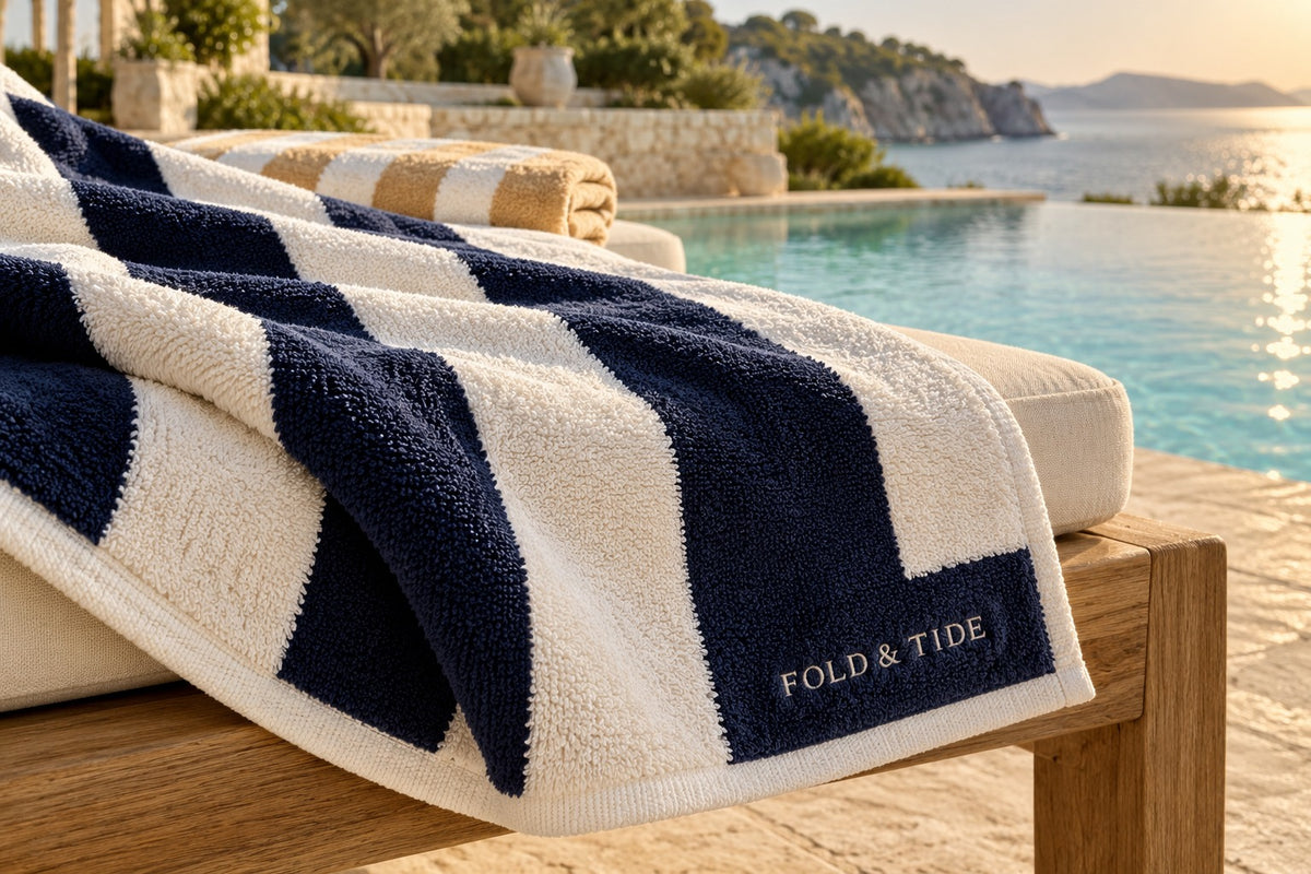 Fold & Tide striped towels in afternoon poolside light — collection mood concept