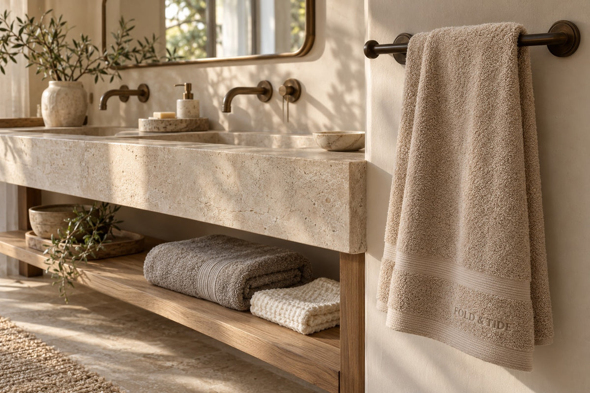 Fold & Tide towels at a warm stone vanity — collection mood concept